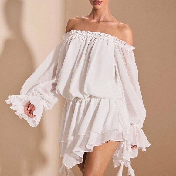 White Boho Women's Elegant French Style Off-Shoulder Long Sleeve Shirt Dress - Picture 7 of 9